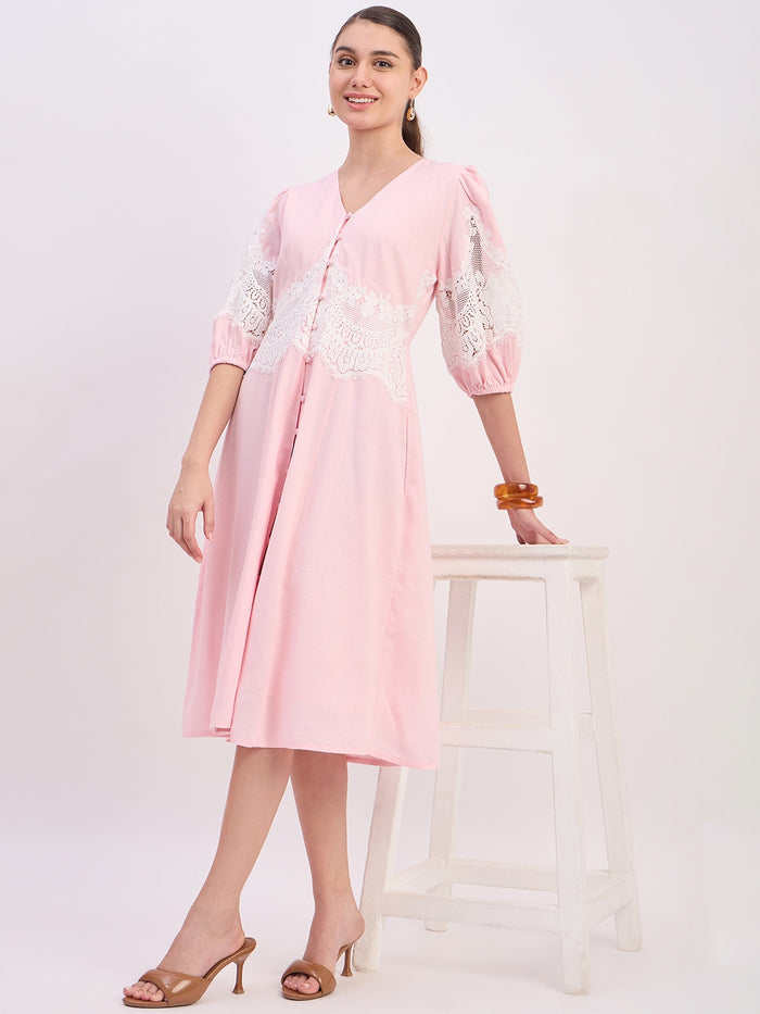 Madame Powder Pink Rayon Linen Midi Dress