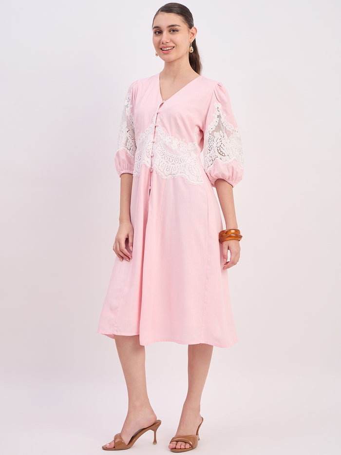 Madame Powder Pink Rayon Linen Midi Dress