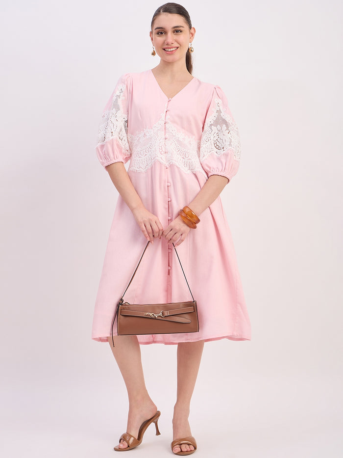 Madame Powder Pink Rayon Linen Midi Dress