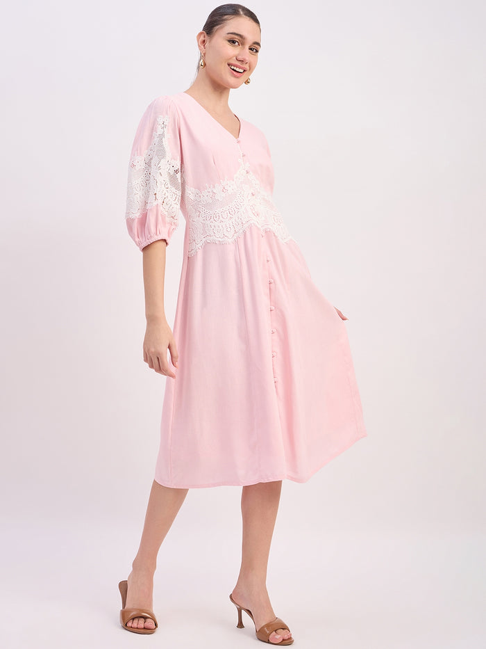 Madame Powder Pink Rayon Linen Midi Dress