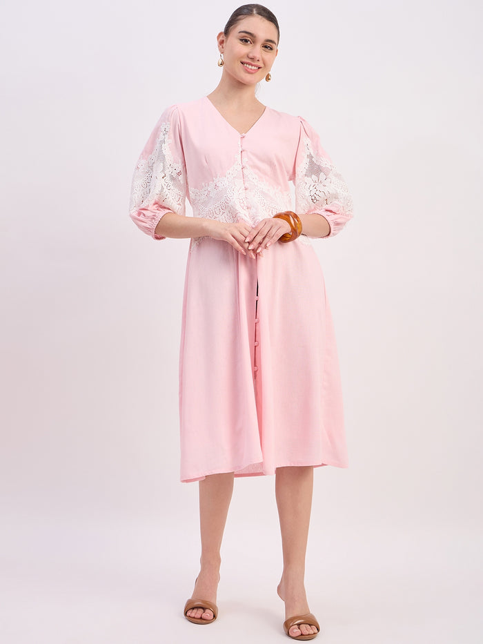 Madame Powder Pink Rayon Linen Midi Dress