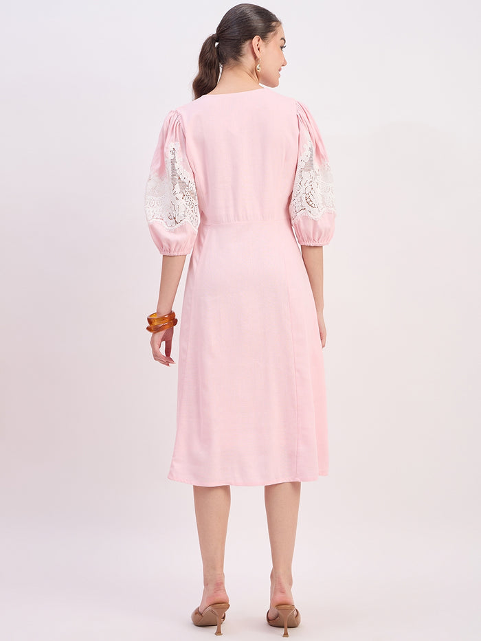 Madame Powder Pink Rayon Linen Midi Dress