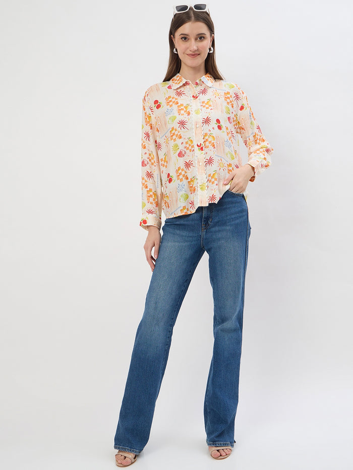Madame Printed Off White Rayon Shirt