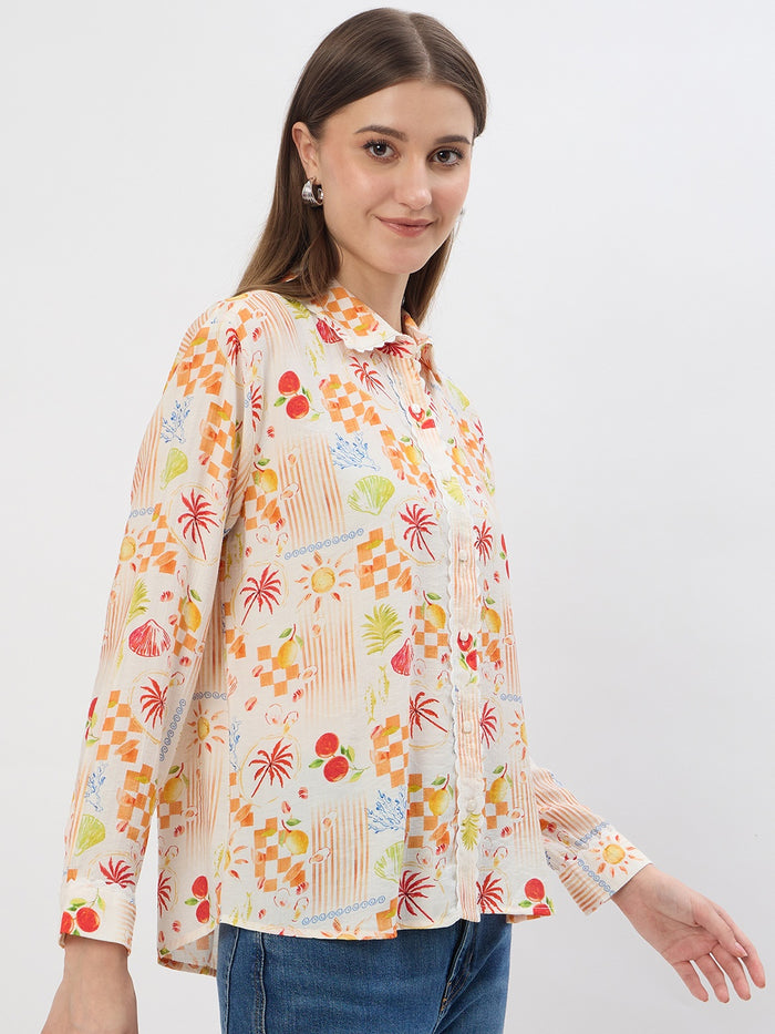 Madame Printed Off White Rayon Shirt