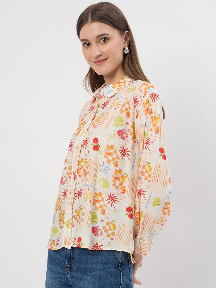 Madame Printed Off White Rayon Shirt