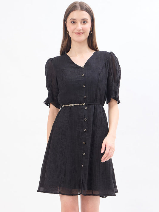 Madame Textured Black Lyocell Blend Fit and Flare Dress