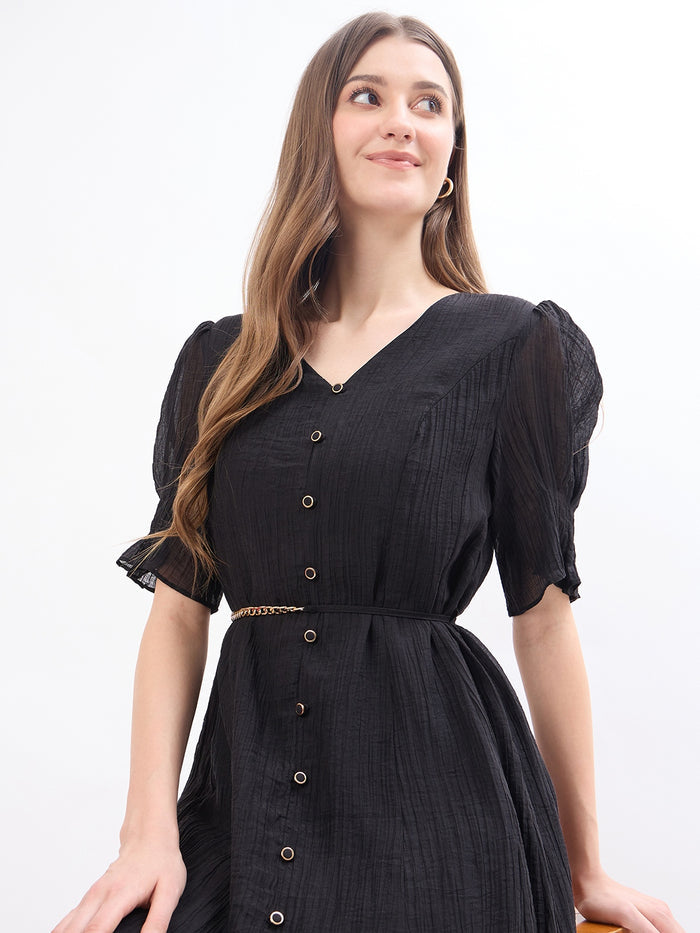 Madame Textured Black Lyocell Blend Fit and Flare Dress