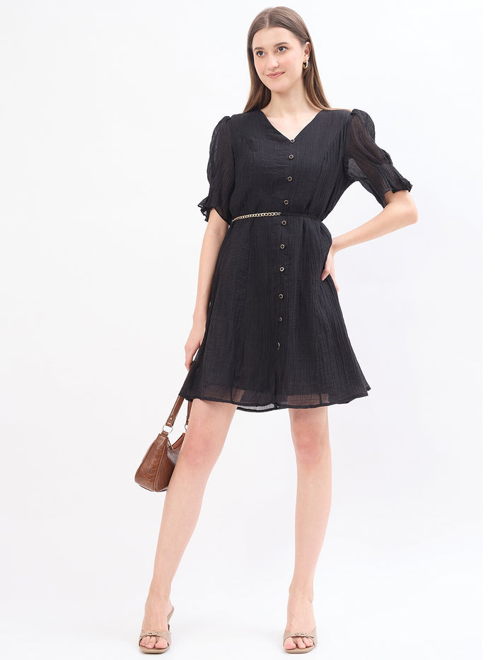 Madame Textured Black Lyocell Blend Fit and Flare Dress