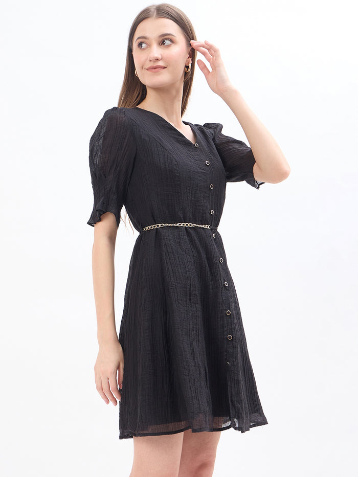 Madame Textured Black Lyocell Blend Fit and Flare Dress