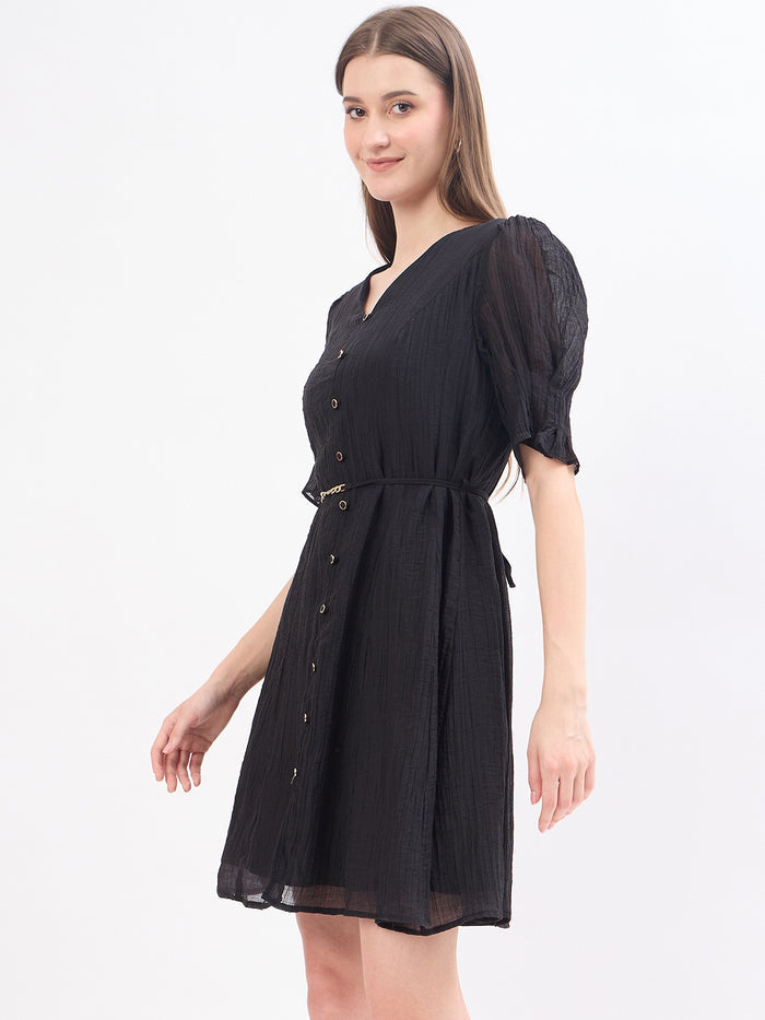 Madame Textured Black Lyocell Blend Fit and Flare Dress