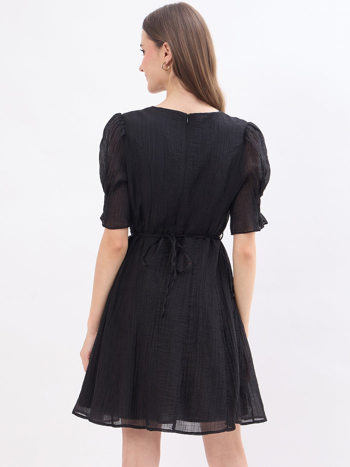 Madame Textured Black Lyocell Blend Fit and Flare Dress