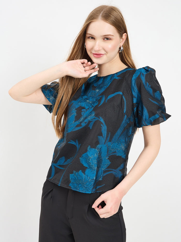 Madame Textured Teal Puff Sleeve Top