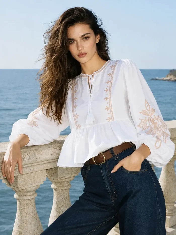 Madame White Cotton Embroidered Top