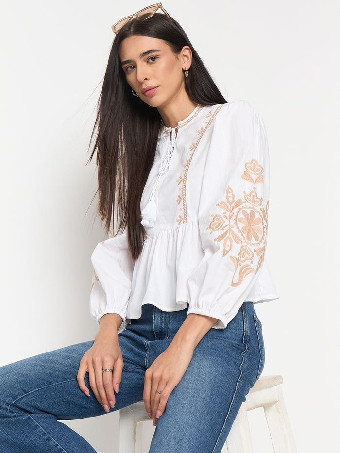 Madame White Cotton Embroidered Top