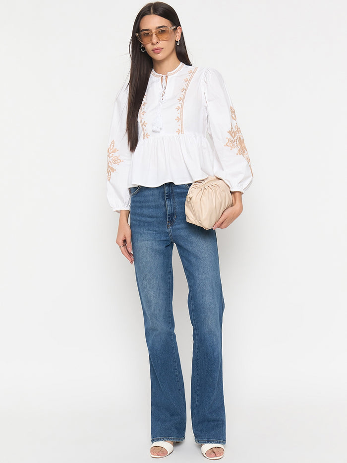 Madame White Cotton Embroidered Top