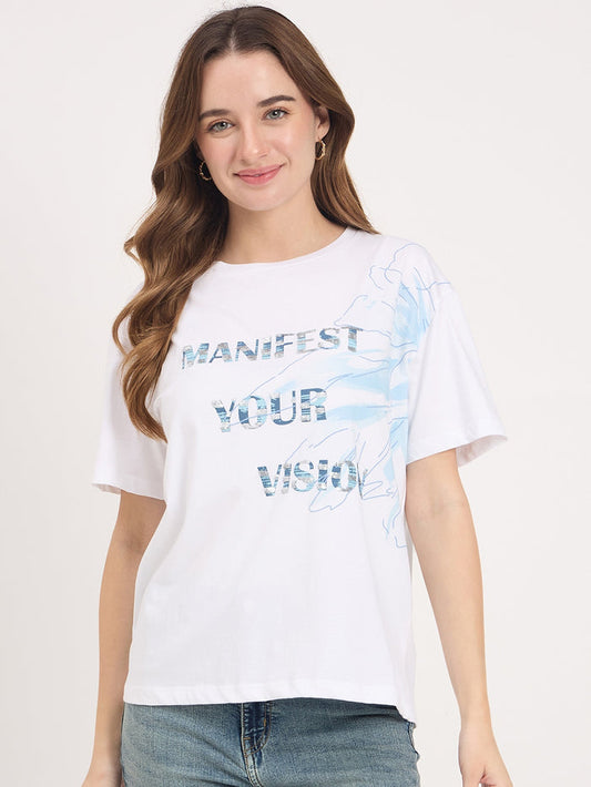 Madame White Typography Print Cotton Round Neck T-Shirt