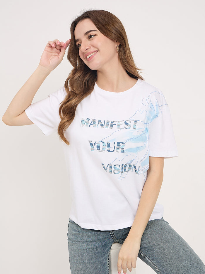Madame White Typography Print Cotton Round Neck T-Shirt