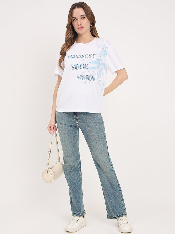 Madame White Typography Print Cotton Round Neck T-Shirt