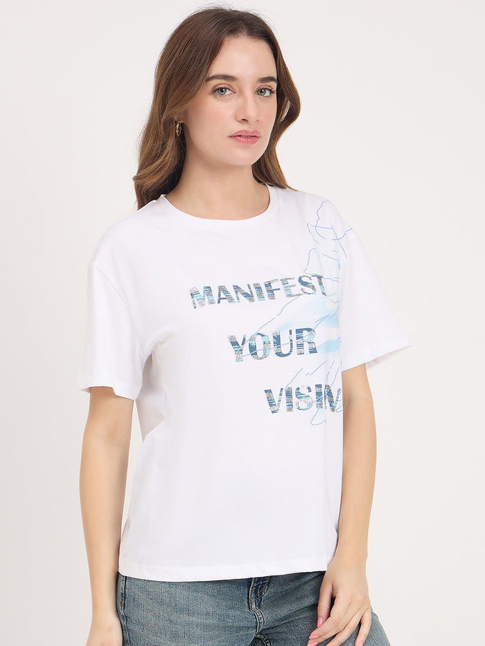 Madame White Typography Print Cotton Round Neck T-Shirt