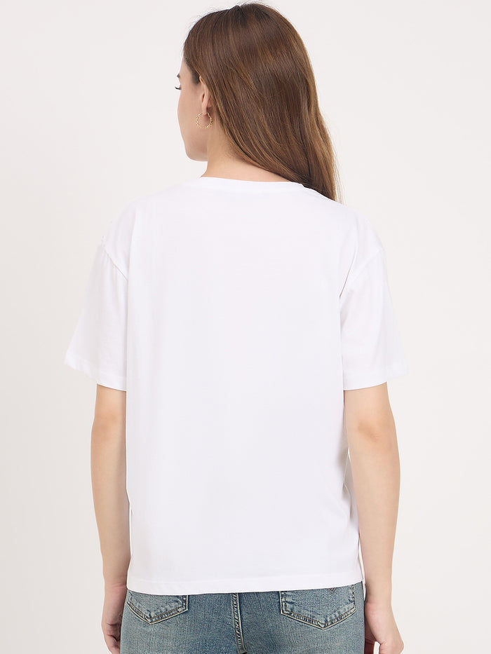 Madame White Typography Print Cotton Round Neck T-Shirt