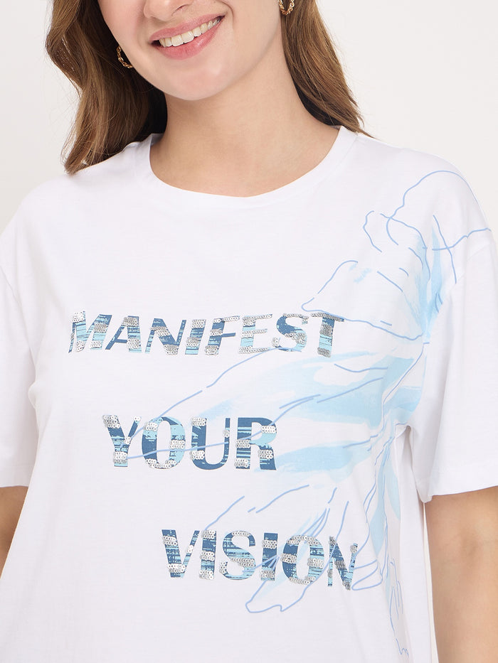 Madame White Typography Print Cotton Round Neck T-Shirt