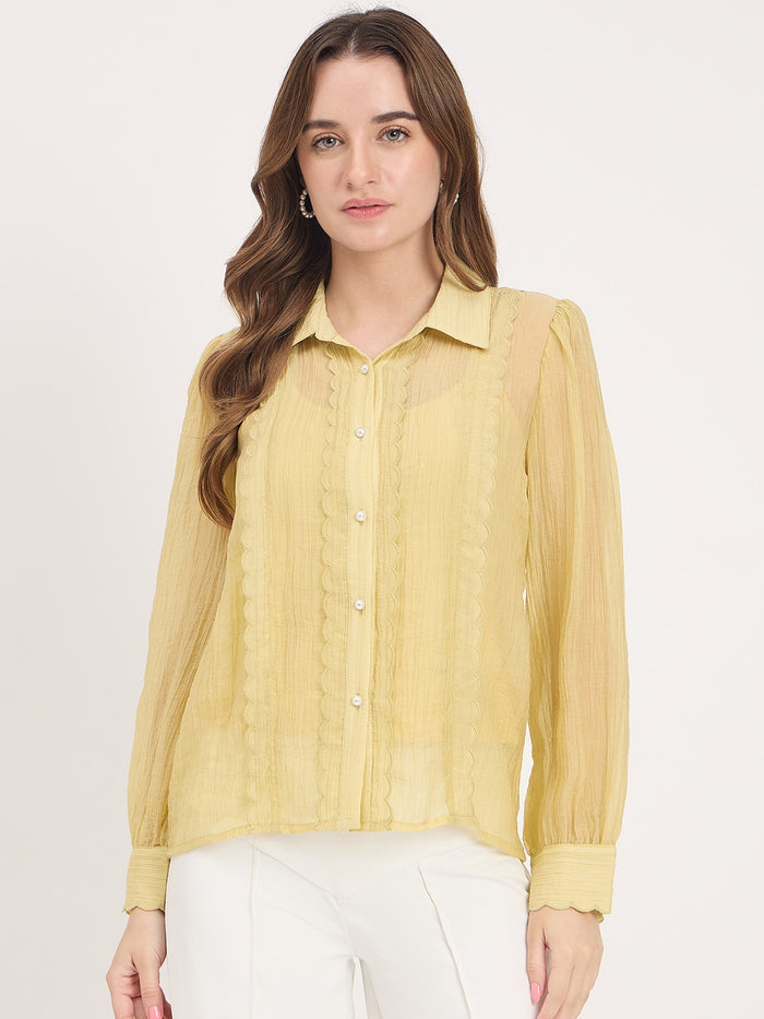 Madame Yellow Lace Detail Lyocell Puff Sleeve Shirt