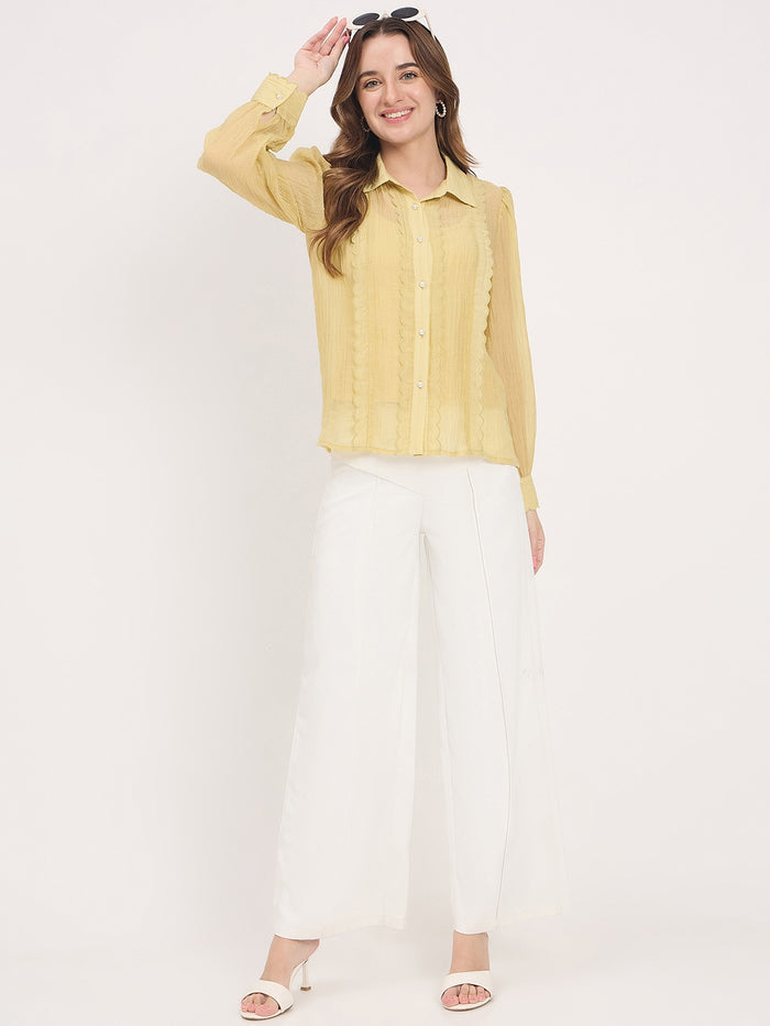 Madame Yellow Lace Detail Lyocell Puff Sleeve Shirt