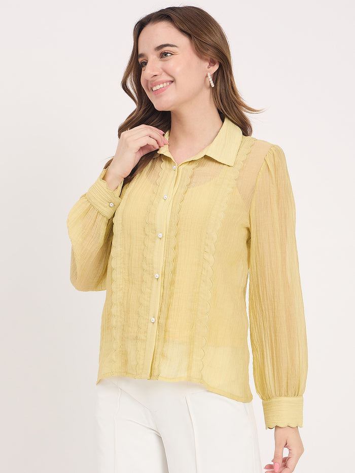 Madame Yellow Lace Detail Lyocell Puff Sleeve Shirt
