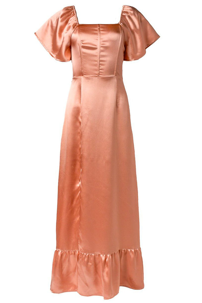 The Maddie Dress in Apricot Crush Satin by Ivy City Co features a luxurious satin fabric in a warm apricot hue, short flutter sleeves, a square neckline, fitted bodice, long skirt, and ruffle hem—making it an elegant choice for bridesmaids. Displayed on a white background.