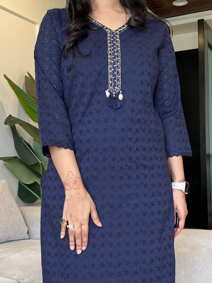 Manan Luxe Schiffli Cotton Set- Blue