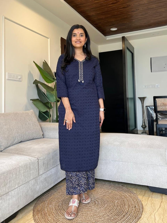 Manan Luxe Schiffli Cotton Set- Blue