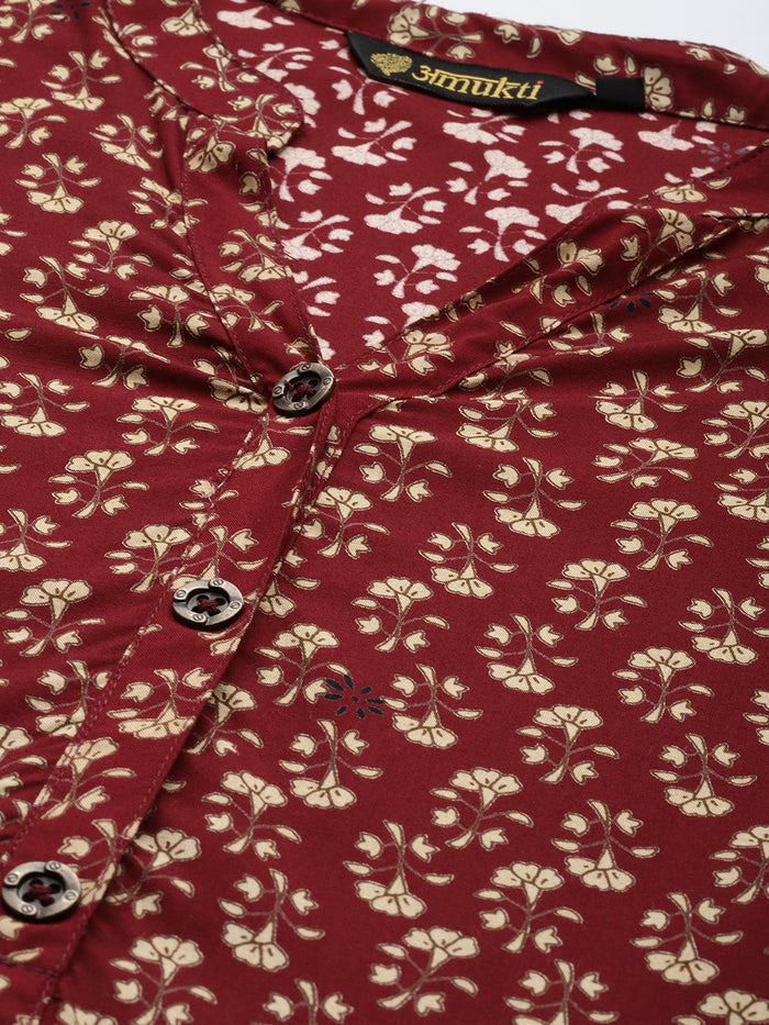 Maroon Floral Printed Mandarin Collar Tunic, Floral Printed Tunic, printed tunic, mandarin collar Tunic, casual wear Tunic, women’s tunic, Office Wear Tunic