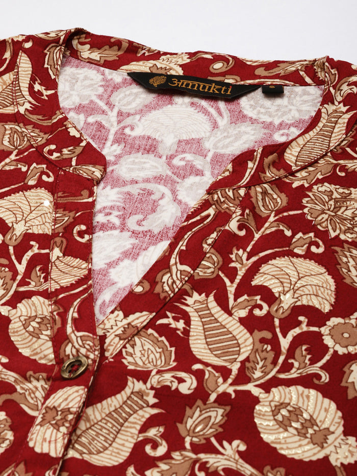 Maroon Floral Printed Mandarin Collar Tunic, Floral Printed Tunic, printed tunic, mandarin collar Tunic, casual wear Tunic, women’s tunic, Office Wear Tunic