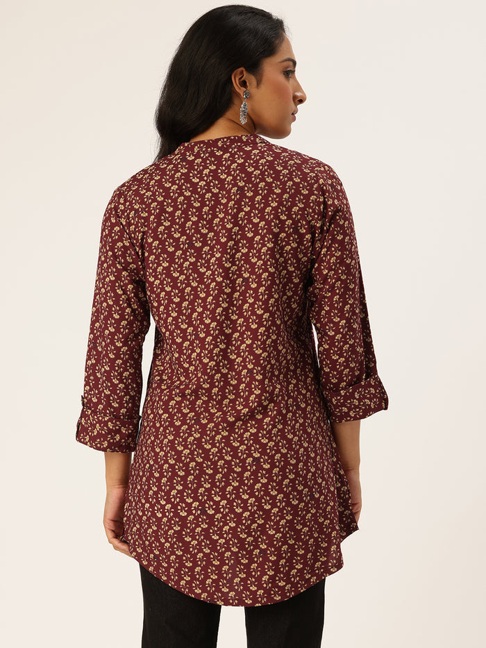 Maroon Floral Printed Mandarin Collar Tunic, Floral Printed Tunic, printed tunic, mandarin collar Tunic, casual wear Tunic, women’s tunic, Office Wear Tunic