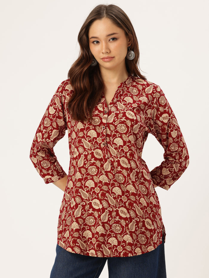 Maroon Floral Printed Mandarin Collar Tunic, Floral Printed Tunic, printed tunic, mandarin collar Tunic, casual wear Tunic, women’s tunic, Office Wear Tunic