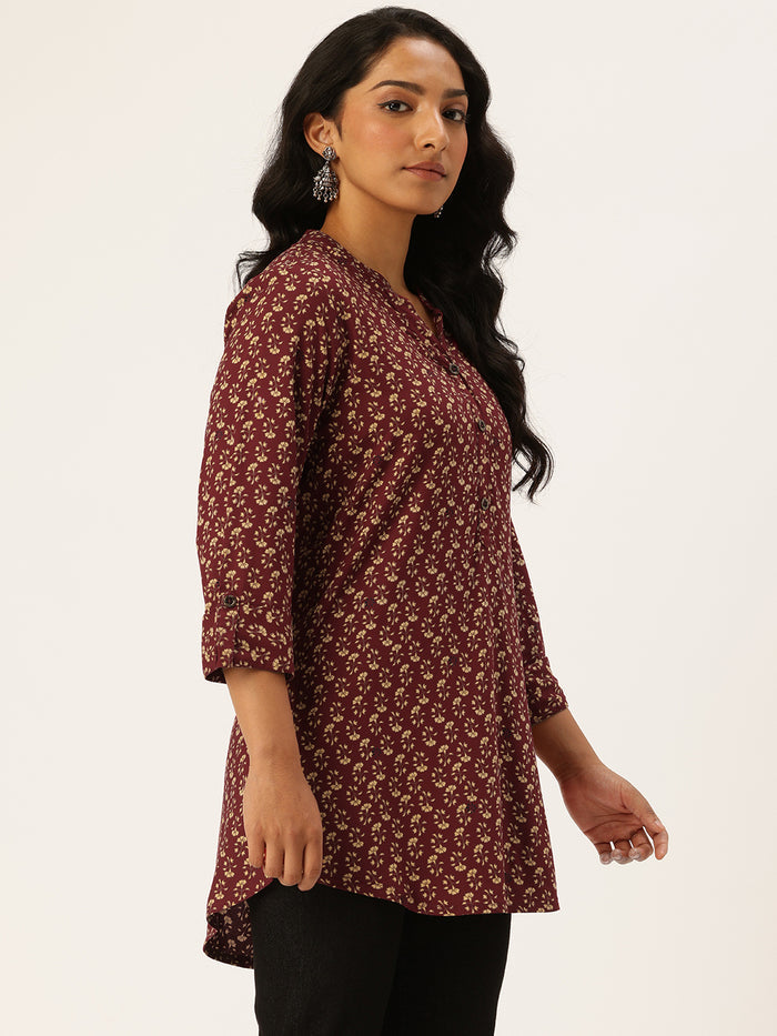 Maroon Floral Printed Mandarin Collar Tunic, Floral Printed Tunic, printed tunic, mandarin collar Tunic, casual wear Tunic, women’s tunic, Office Wear Tunic