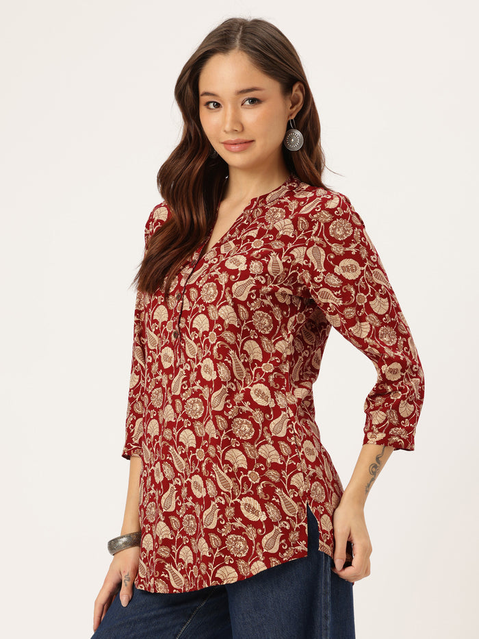Maroon Floral Printed Mandarin Collar Tunic, Floral Printed Tunic, printed tunic, mandarin collar Tunic, casual wear Tunic, women’s tunic, Office Wear Tunic