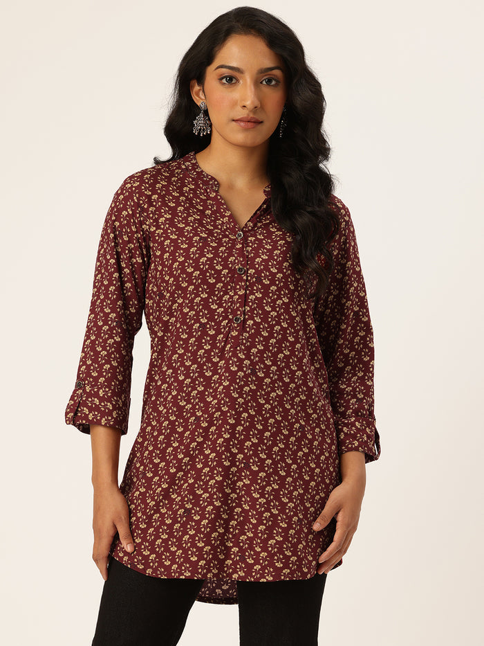 Maroon Floral Printed Mandarin Collar Tunic, Floral Printed Tunic, printed tunic, mandarin collar Tunic, casual wear Tunic, women’s tunic, Office Wear Tunic