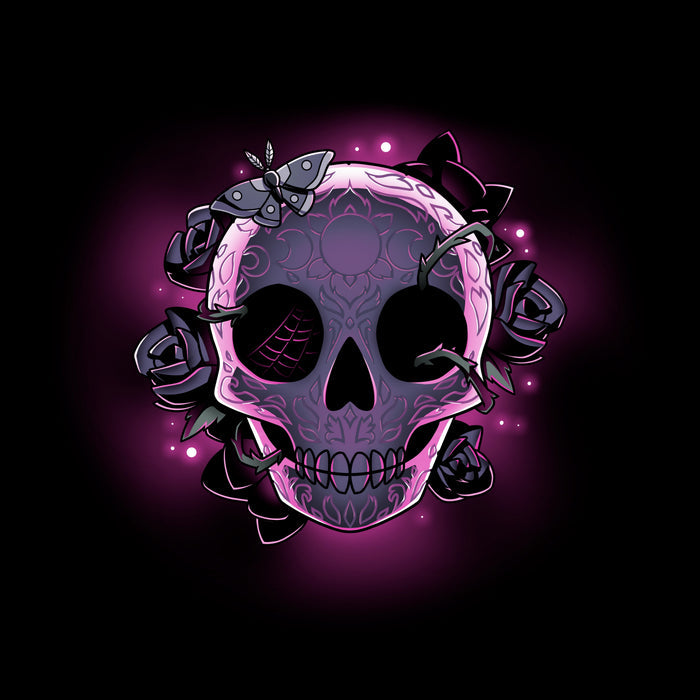Long Sleeve T-shirt_TeeTurtle black Memento Mori. Featuring a skull with Dia de los Muertos engraving wreathed in roses.