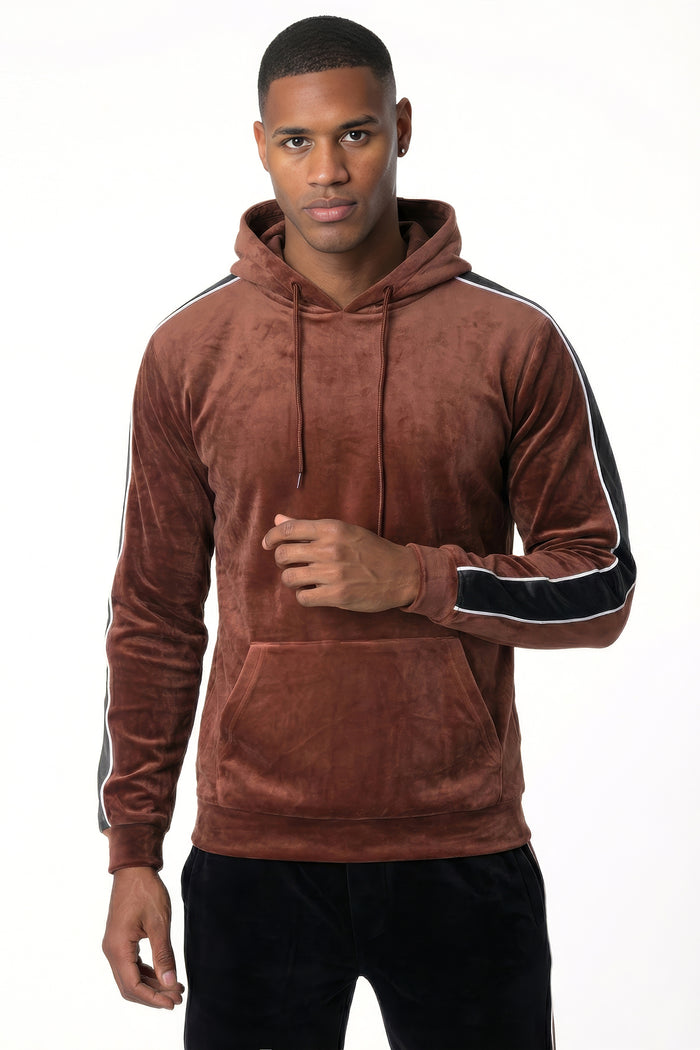 Men's Velour Pullover Hoodie with Contrast Taping