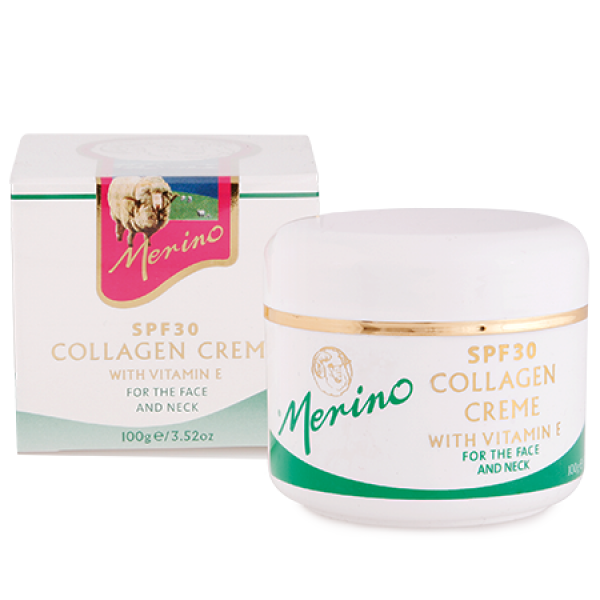Merino Lanolin and Collagen SPF30 Crème with branding next too packaging box.