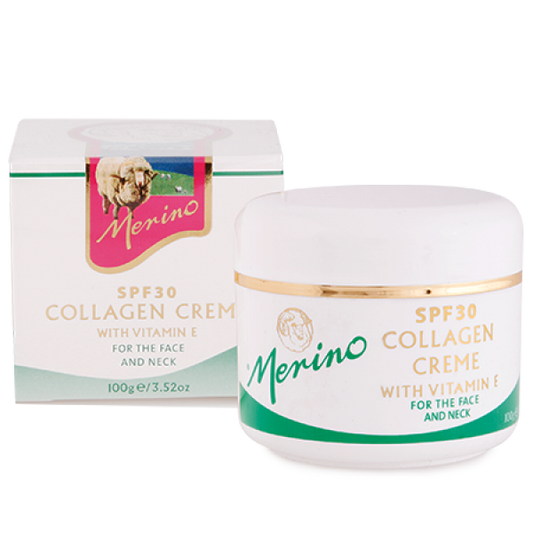 Merino Lanolin and Collagen SPF30 Crème with branding next too packaging box.