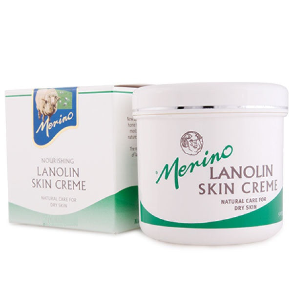 Merino Lanolin Skin Crème with branding next to its packaging box.