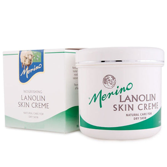 Merino Lanolin Skin Crème with branding next to its packaging box.