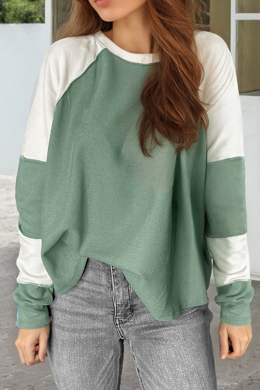 Mint Green Ribbed Colourblock Patchwork Raglan Long Sleeve Top - MINT GREEN / S / 93% VISCOSE + 7% ELASTANE - Tops/Long