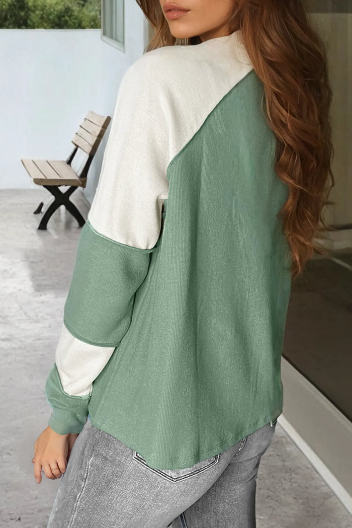 Mint Green Ribbed Colourblock Patchwork Raglan Long Sleeve Top - Tops/Long Tops