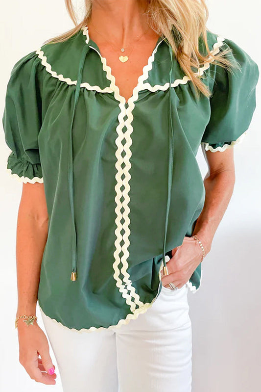 Mist Green Ric Rac Trim Tie Split Neck Short Sleeve Blouse - S / 100% Cotton - Tops/Blouses & Shirts
