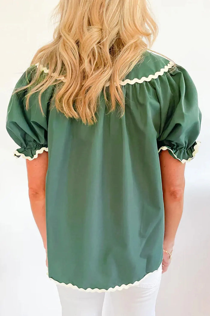 Mist Green Ric Rac Trim Tie Split Neck Short Sleeve Blouse - Tops/Blouses & Shirts