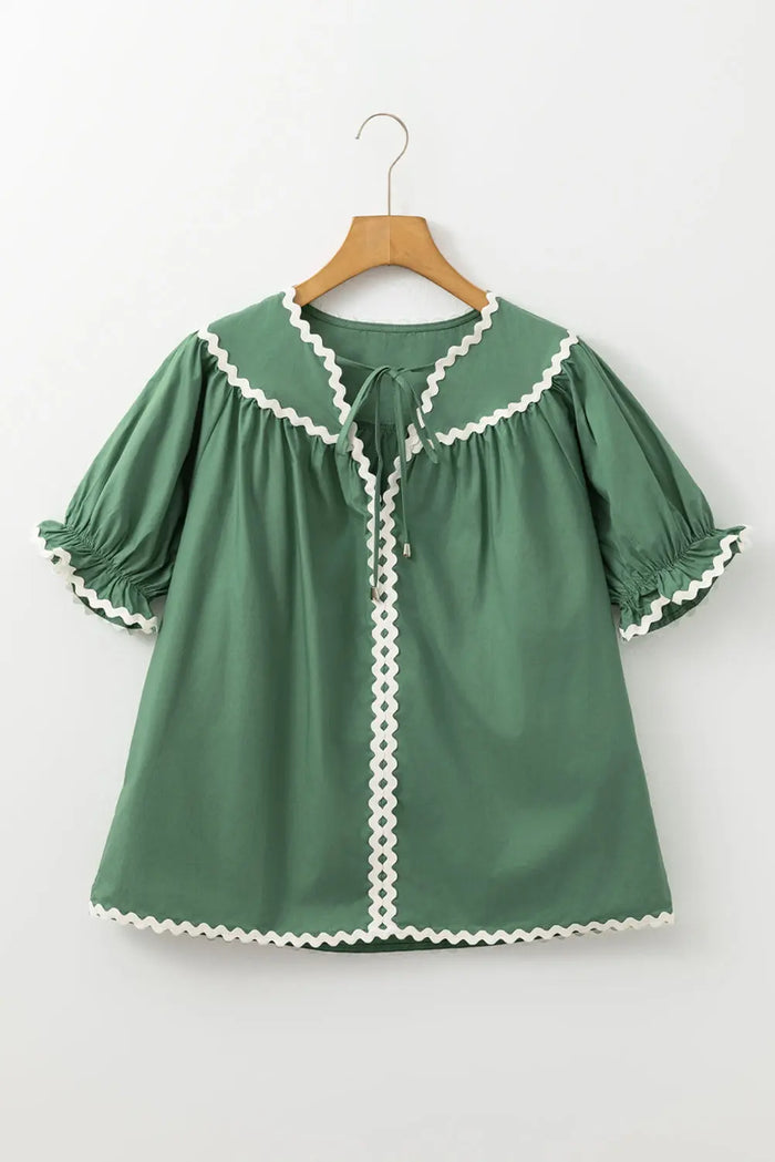 Mist Green Ric Rac Trim Tie Split Neck Short Sleeve Blouse - Tops/Blouses & Shirts