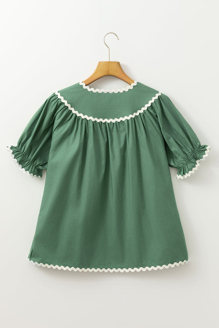 Mist Green Ric Rac Trim Tie Split Neck Short Sleeve Blouse - Tops/Blouses & Shirts